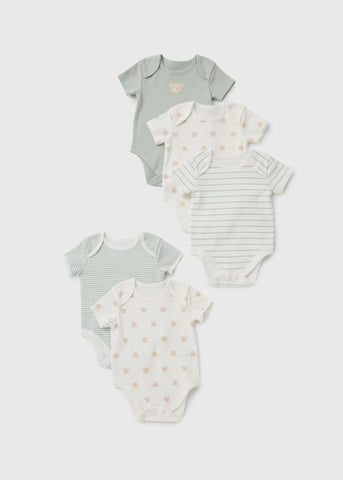 Baby 5 Pack Sage Bear Print Bodysuit (Newborn-23mths)  C136165