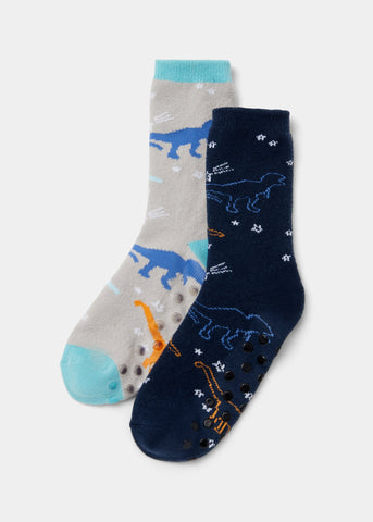 Kids 2 Pack Dinosaur Slipper Socks (Younger 6-Older 6.5)  B300375