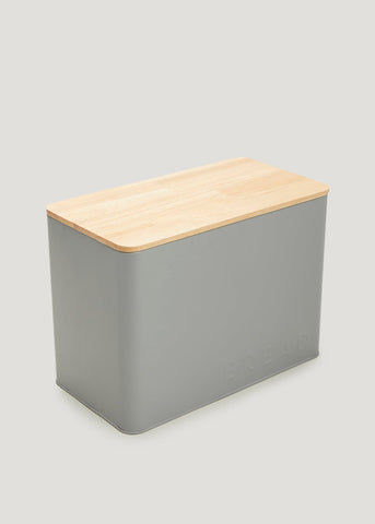 Grey Metal Lidded Bamboo Bread Bin (33cm x 24cm) M484673