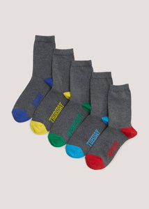Kids 5 Pack Charcoal Marl Days of the Week Ankle Socks (Younger 6-Older 6.5)  B300366 B300366