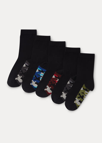 Kids 5 Pack Black Camouflage Ankle Socks (Younger 6-Older 6.5)  B300367
