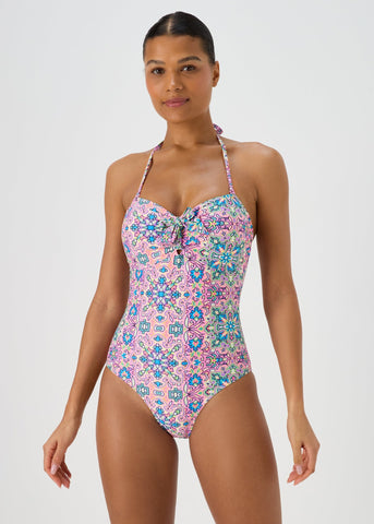 Pink Tie Front Mosaic Swimsuit  F422423