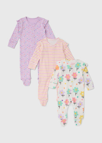 3 Pack Pink Baby Floral Sleepsuits (Tiny Baby-18mths)  C136147