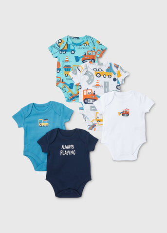 Baby 5 Pack Blue Car Print Bodysuits (Newborn-23mths)  C136173