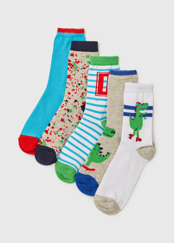 5 Pack Boys Dinosaur Socks (Younger 6-Older 6.5)  B300381