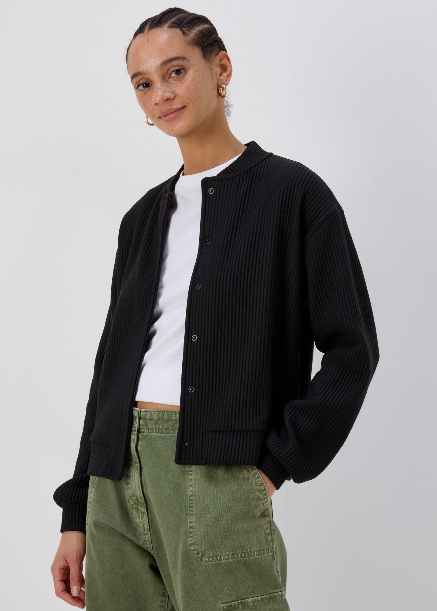 Black Ribbed Bomber Jacket  F466711