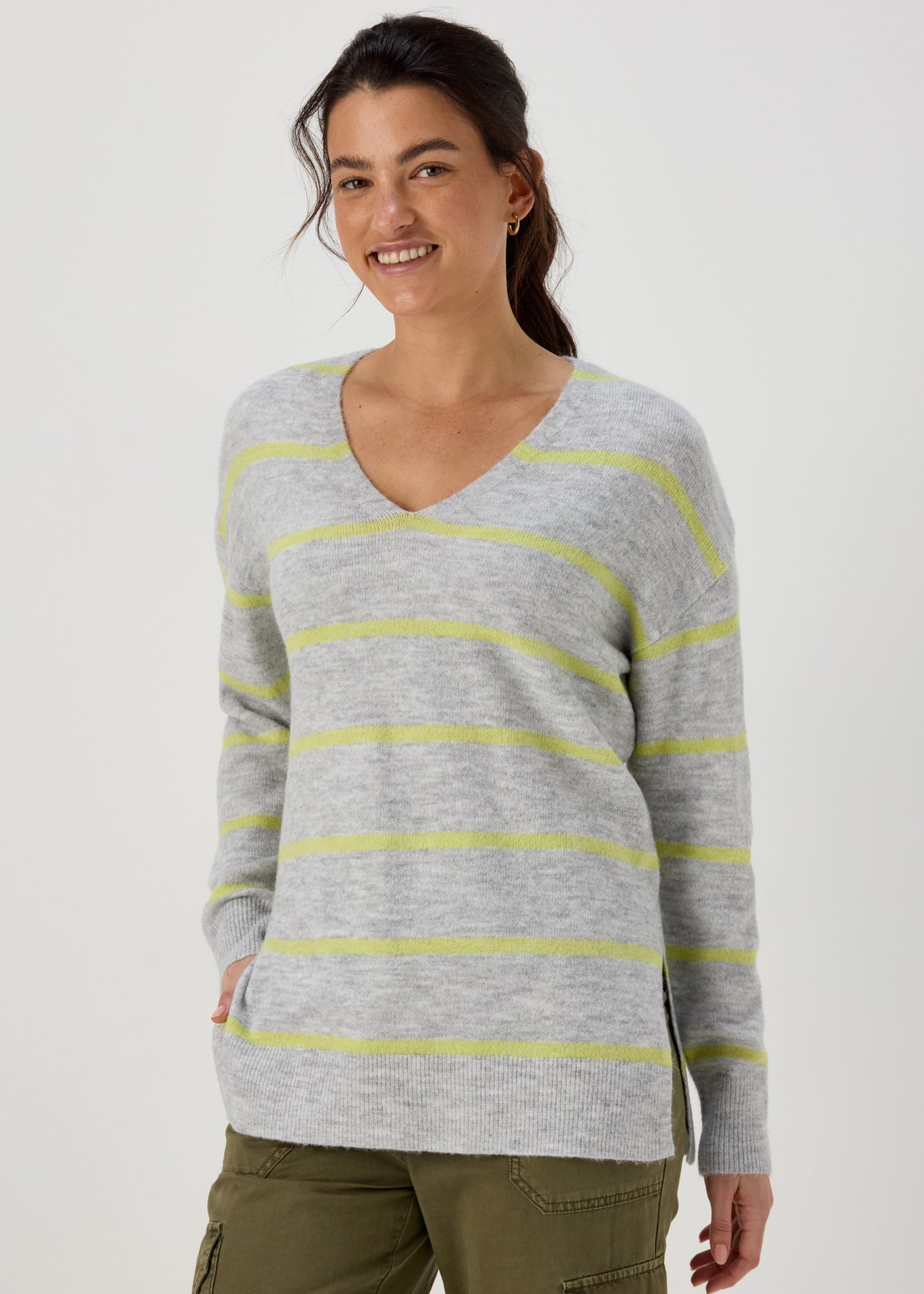 Grey Spandex Stripe V Neck Jumper  F275306