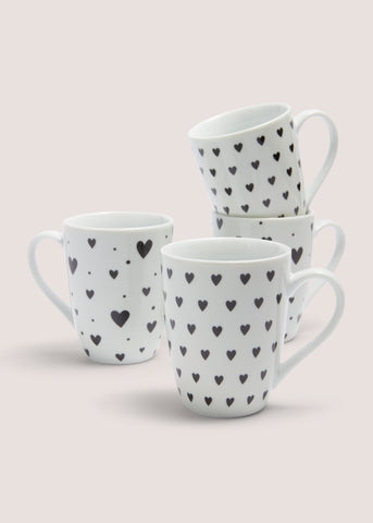 4 Pack White Heart Mugs (9cmx 11cm) White/Black M484835