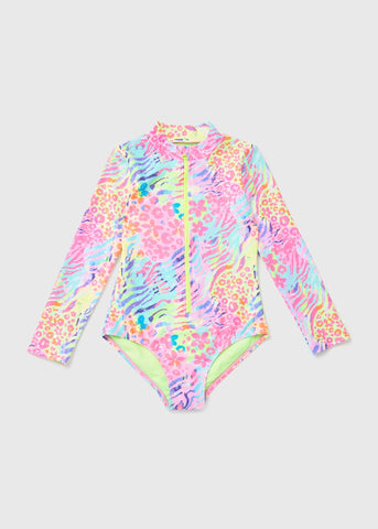 Girls Multicoloured Zebra Print Zip Swimsuit (6-13yrs)  G080679