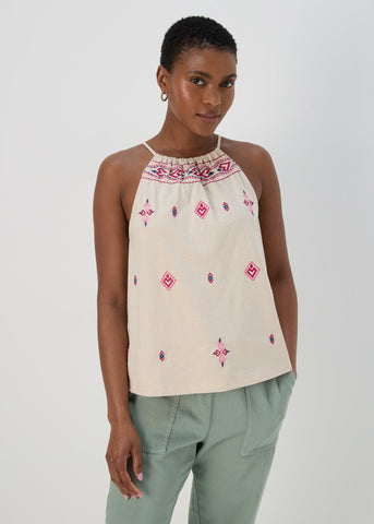 Cream & Coral Embroidered Cami Top  F466561