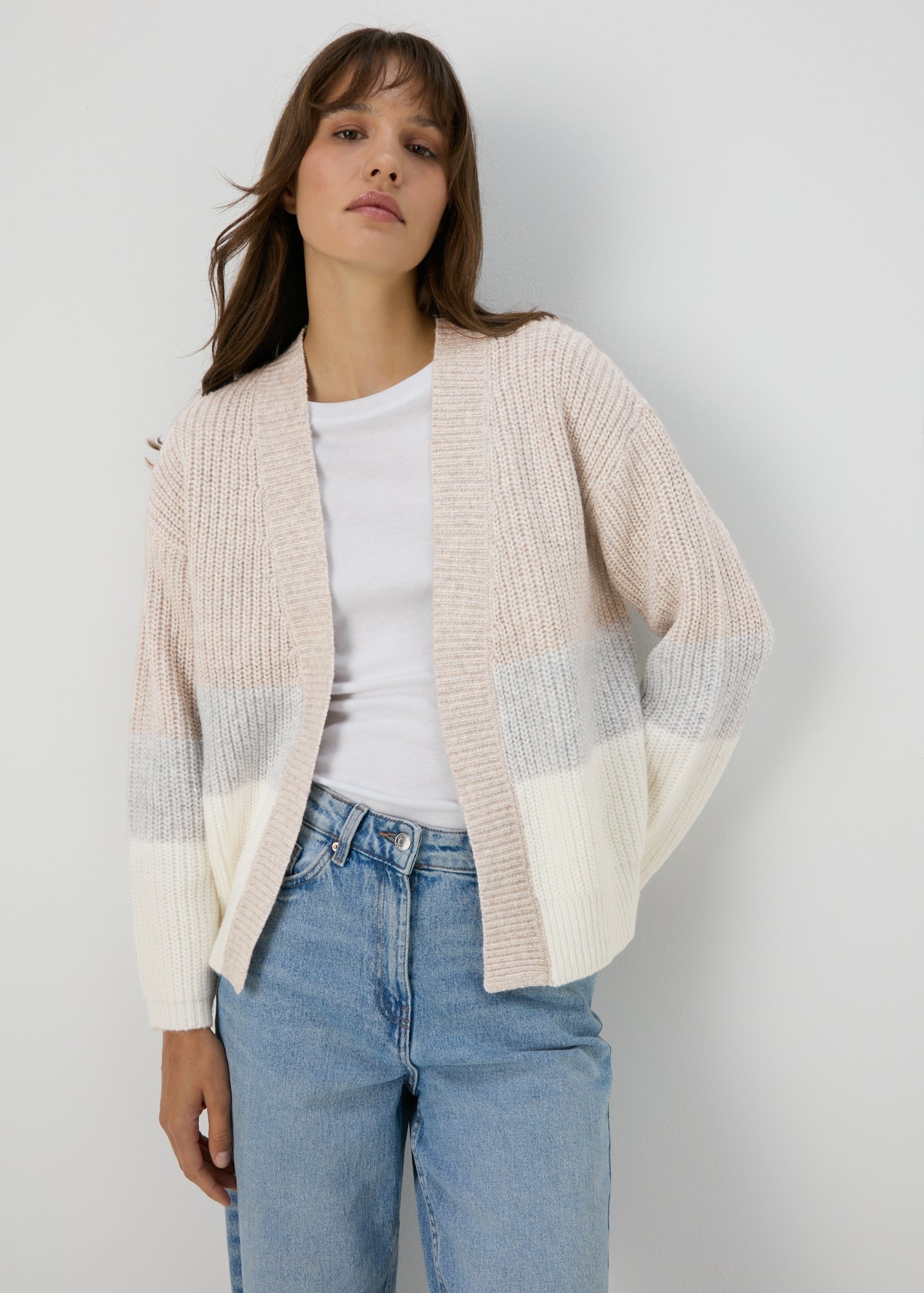 Beige Block Knitted Cardigan  F275463