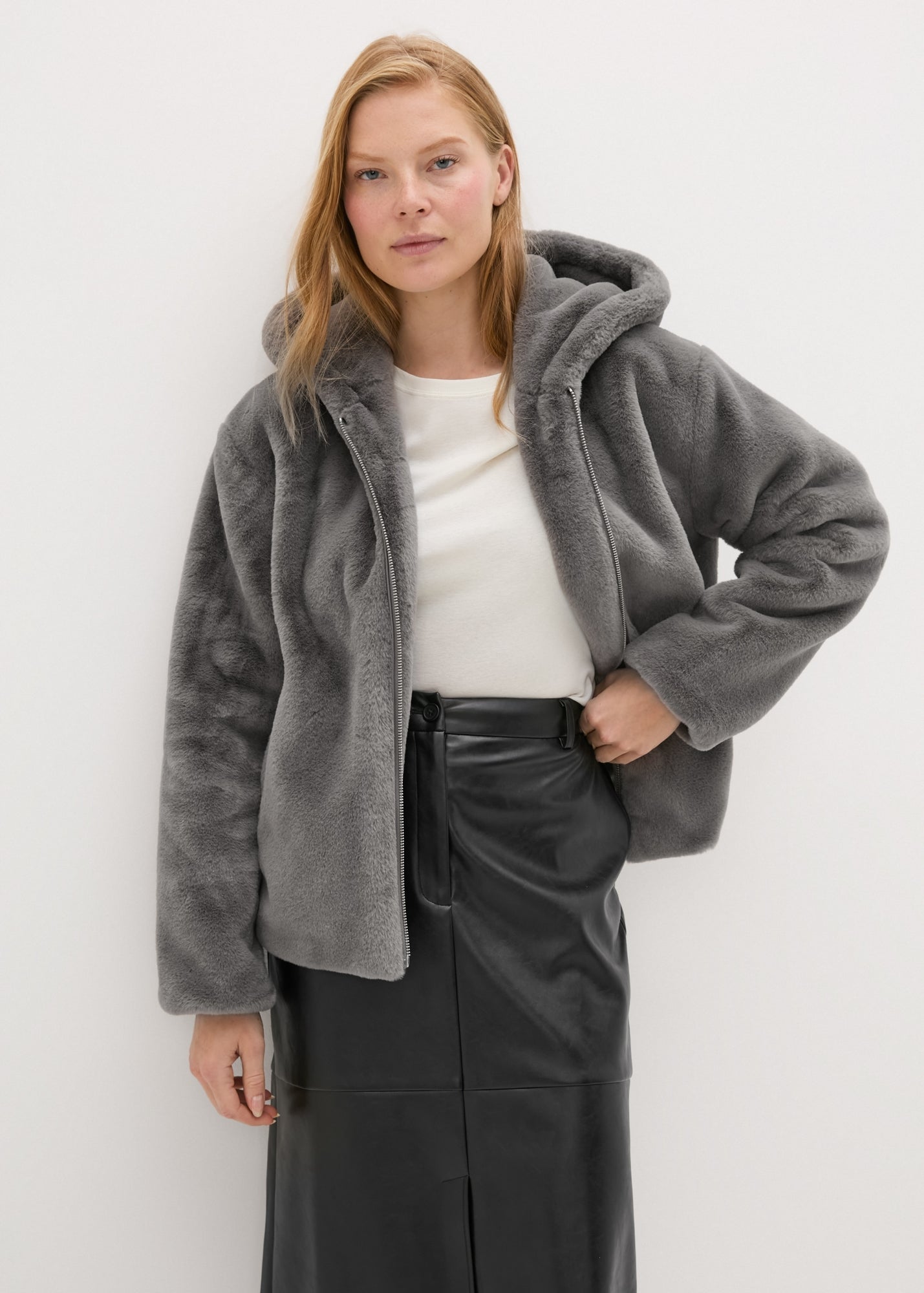 Grey Faux Fur Hooded Coat  F283570