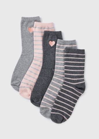 5 Pack Grey Heart & Stripe Crew Socks  F473248