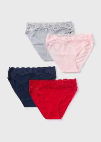 4 Pack Multicoloured Lace Trim High Leg Knickers  F473290