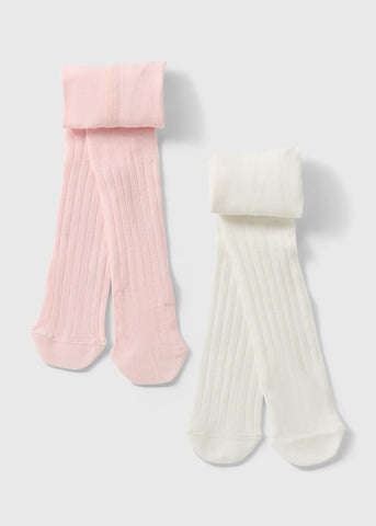 2 Pack Baby Pink & Cream Ribbed Tights (Newborn-18mths) C136390