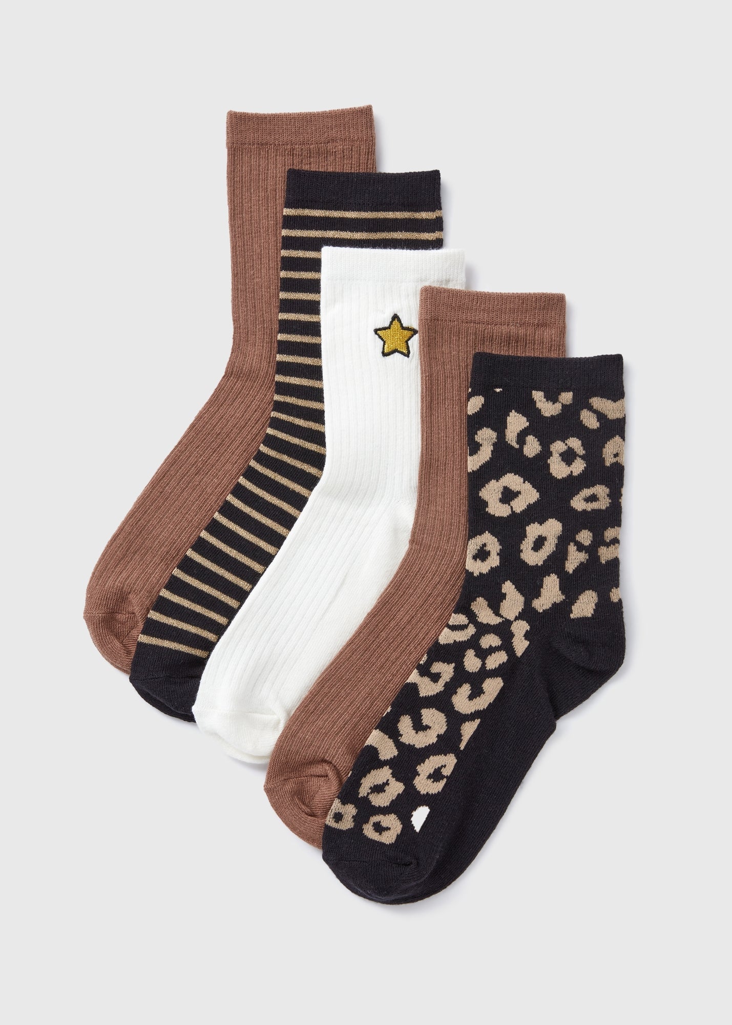 5 Pack Brown Animal Print Crew Socks  F473462