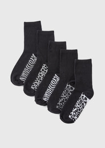 5 Pack Black Animal Print Crew Socks  F473463