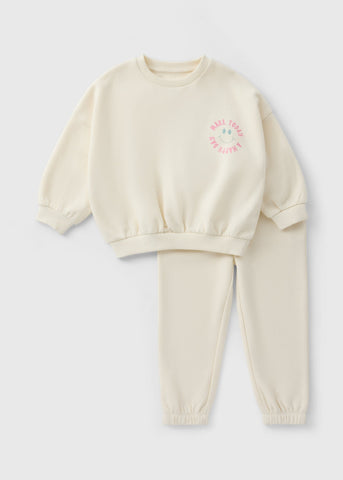 Girls Cream Smile Sweatshirt & Jogging Bottom Set (1-7yrs)  C270716