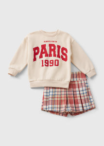 Girls Cream Paris Sweatshirt & Check Skort Set (1-7yrs)  C270723