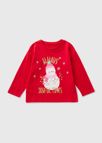 Girls Red Snowman Long Sleeve Top (1-7yrs)  C251877