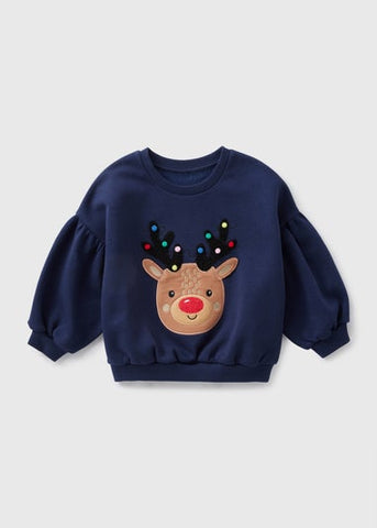 Girls Navy Reindeer Sweatshirt (1-7yrs) C251884