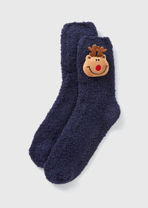 Kids Navy Reindeer Fluffy Socks (Younger 6-Older 6.5)  B300418