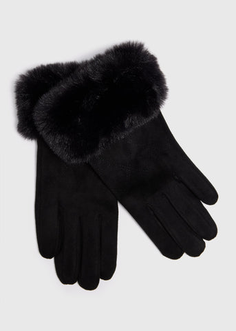 Black Faux Fur Trim Gloves  F441970