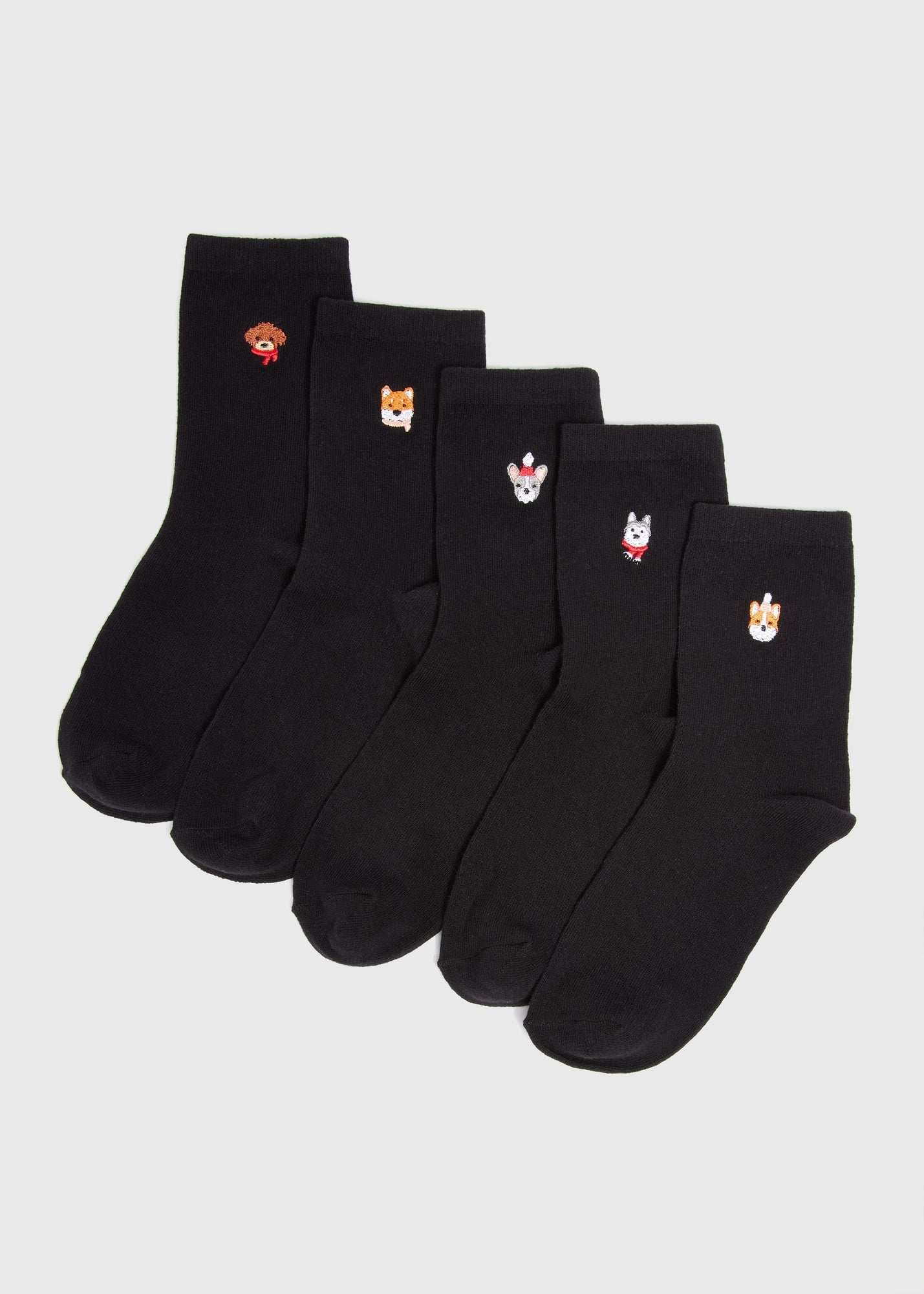 5 Pack Black Dog Embroidered Crew Socks  F473507