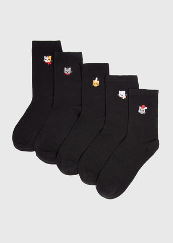 5 Pack Cat Embroidered Crew Socks  F473508