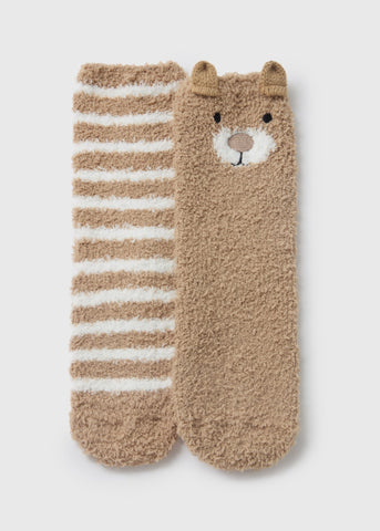 2 Pack Boys Brown Bear Fluffy Socks (Younger 6-Older 6.5)  B300419