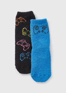 2 Pack Boys Black Gamer Fluffy Socks (Younger 6-Older 6.5)  B300420