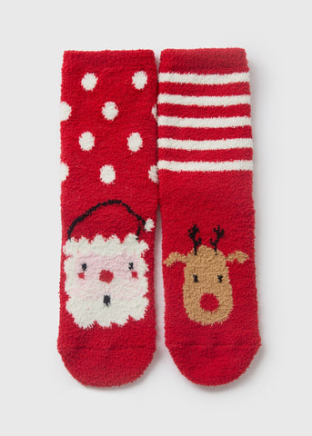 2 Pack Boys Red Christmas Fluffy Socks (Younger 6-Older 6.5)  B300424