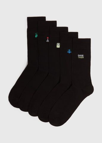 5 Pack Black Gaming Embroidery Socks  M213115