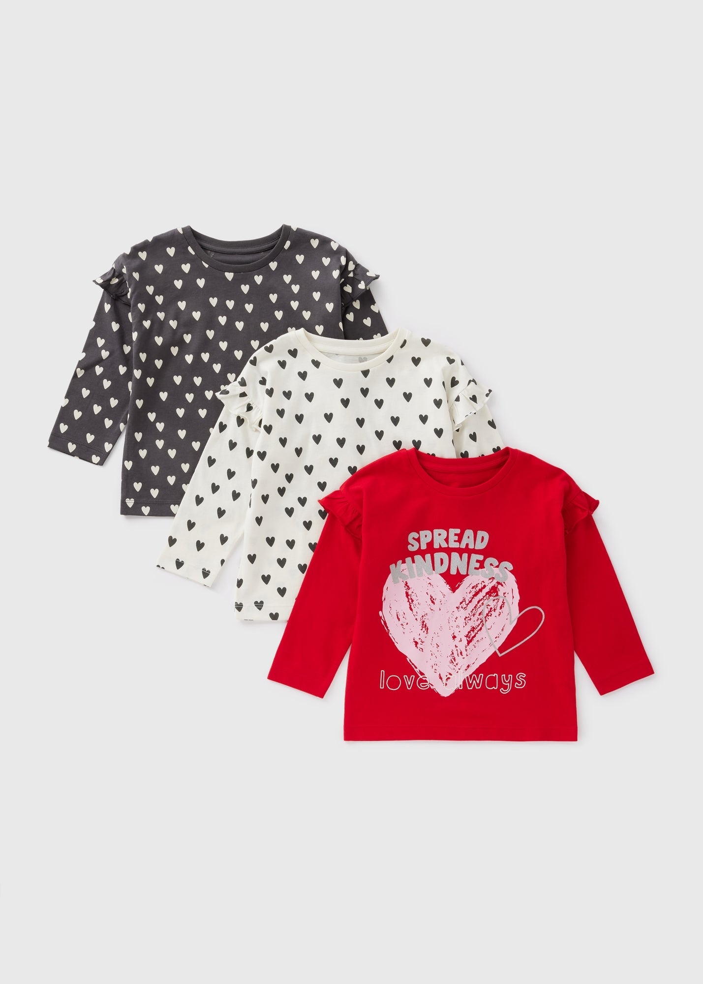 3 Pack Girls Black Heart Long Sleeve T-Shirts (1-7yrs)  C252021