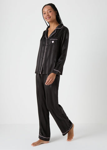 Black Satin Stripe Pyjama Set  F473773