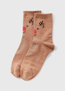 Wondrous 1 Pack Brown Reindeer Crew Socks  F473524