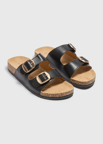 Black Double Buckle Footbed Sandals  F541225