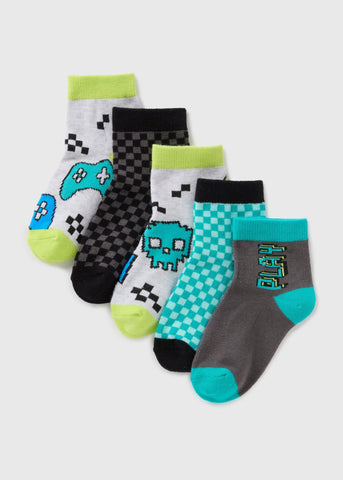5 Pack Boys Multicolour Gamer Socks (Younger 6-Older 6.5)  B300459