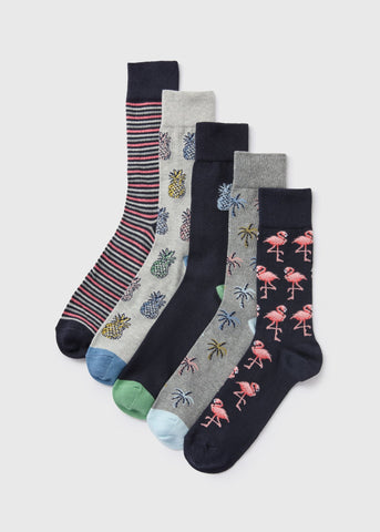 5 Pack Multicolour Tropical Design Socks  M494487