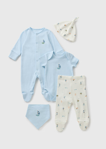 5 Piece Baby Blue Boat Sleepsuit & Bodysuit Set (Newborn-6mths)  C136551