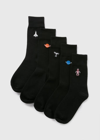 5 Pack Black Space Embroidery Socks  M495118