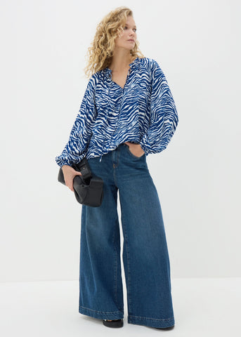 Blue Animal Print Tie Neck Blouse  F374246