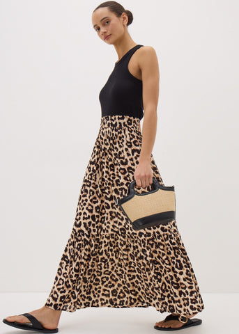 Brown Leopard Print Cheesecloth Maxi Skirt  F481007