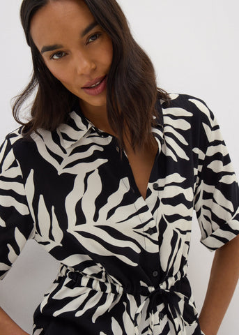 Black Monochrome Leaf Tie Waist Longline Shirt  F374273