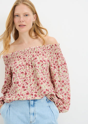 Pink Floral Shirred Bardot Top  F374371