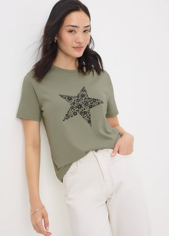 Khaki Star Print T-Shirt  F468006