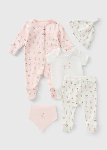5 Piece Baby Pink Floral Sleepsuit and Bodysuit Set (Newborn-23mths) C136678