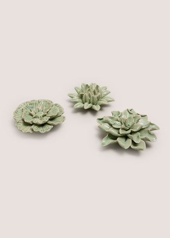 3 Piece Green Ceramic Flower Ornaments M699200