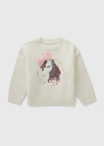 Girls Cream Unicorn Knitted Jumper (1-7yrs) C252519