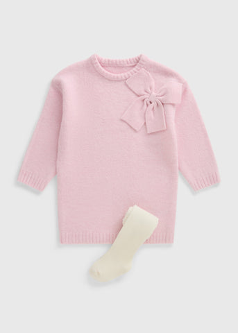 Girls Pink Bow Knitted Dress & Tight Set (1-7yrs) C252532